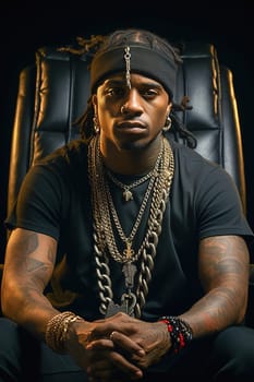 Portrait of an African American rapper with gold chains around his neck. High quality photo