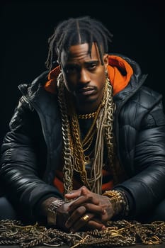 Portrait of an African American rapper with gold chains around his neck. High quality photo