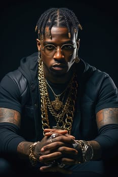 Portrait of an African American rapper with gold chains around his neck. High quality photo