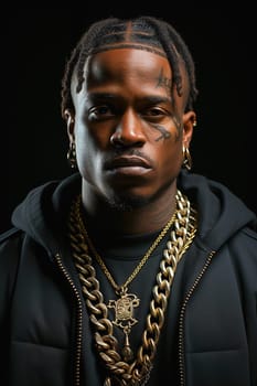 Portrait of an African American rapper with gold chains around his neck. High quality photo