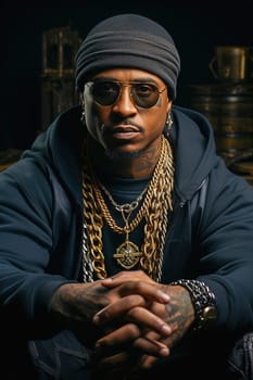 Portrait of an African American rapper with gold chains around his neck. High quality photo