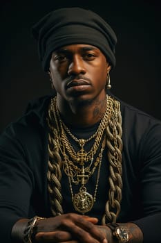 Portrait of an African American rapper with gold chains around his neck. High quality photo