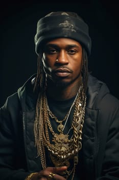 Portrait of an African American rapper with gold chains around his neck. High quality photo