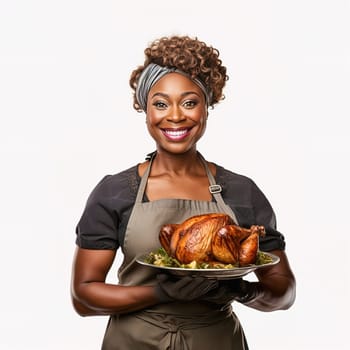 Portrait of a happy African American woman with a roast turkey on a white background. High quality photo