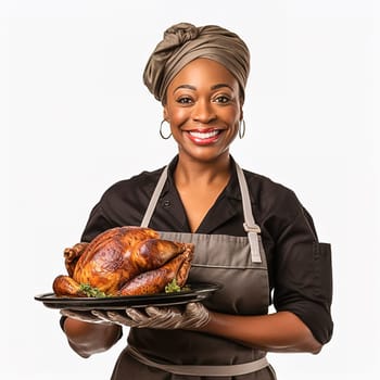 Portrait of a happy African American woman with a roast turkey on a white background. High quality photo