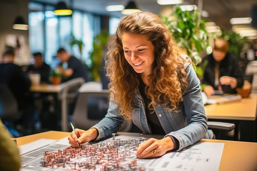 Portrait of a female architect working on a city layout. High quality photo