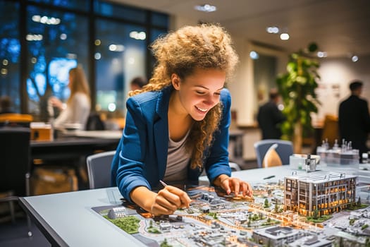 Portrait of a female architect working on a city layout. High quality photo