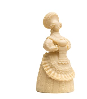 Lady with loaf made of delicious white chocolate, close-up