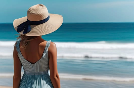 A girl in a sun hat and sundress stands on the shore of the sea or ocean and looks into the distance. View from the back, without a face. Vacation concept.