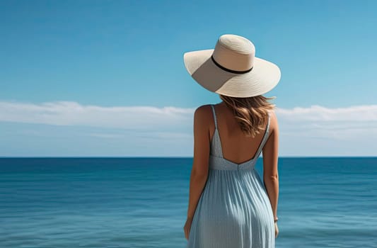 A girl in a sun hat and sundress stands on the shore of the sea or ocean and looks into the distance. View from the back, without a face. Vacation concept.
