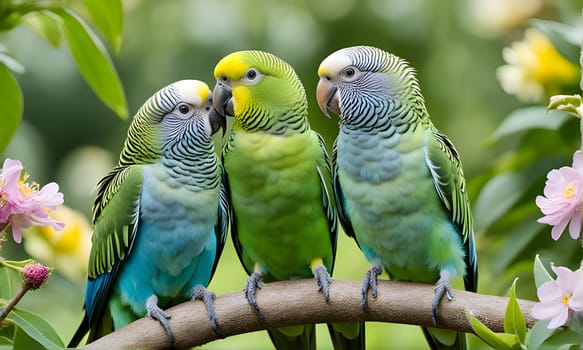 Three green parrots with blue and yellow accents are perched on a brown branch in a lush green garden with pink and yellow flowers in the background. The parrots are facing different directions, but seem to be communicating with each other.