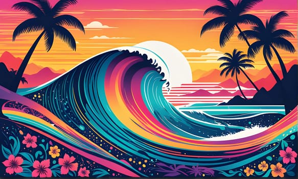 A vibrant illustration of a large wave crashing onto a beach at sunset with palm trees and flowers in the foreground. The colors are bright and bold, with the sun setting over the horizon in the background.
