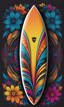 A surfboard with a vibrant floral pattern design is displayed against a black background, surrounded by stylized flowers in various colors. The surfboard features a yellow center, with blue, orange, pink, and purple floral patterns. The design evokes a sense of tropical summer and beach culture.