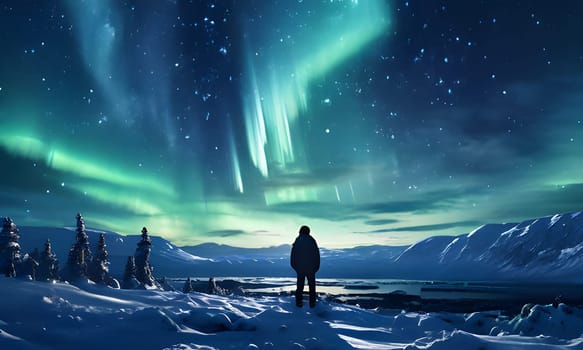 A lone figure stands in awe as the aurora borealis lights up the night sky above a snow-covered landscape. The green and blue hues of the Northern Lights dance across the horizon, casting a magical glow over the mountains and frozen lake.