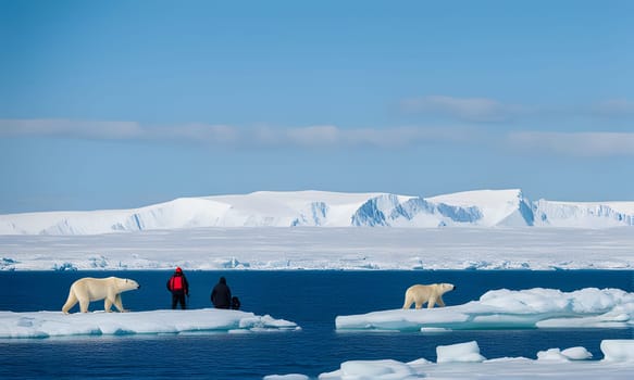 Two polar bears walk on ice floes in the Arctic Ocean, while two people observe from a distance. The scene is set against a backdrop of snow-covered mountains and a clear blue sky.