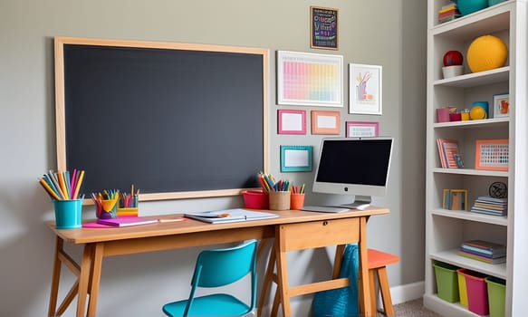 A home office desk with a chalkboard, a computer, and colorful pencils in a cup. A bookshelf with colorful books and decorations is to the right. The desk is made of wood, and the walls are painted a pale grey.