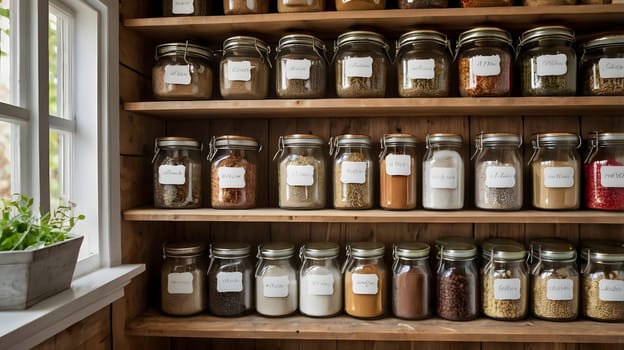 A kitchen pantry with a window is filled with shelves of glass jars containing dried goods. The jars are labeled and neatly organized. The shelves are made of wood, and the pantry has a rustic and cozy feel.