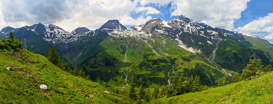 Grossglockner high mountain road in Austria. Surrounded by mountains and green forests. Landscape with nature in the Alps. A great place for sports, recreation and outdoor activity holidays. Großglockner is the highest mountain in Austria at 3798 m above sea level.