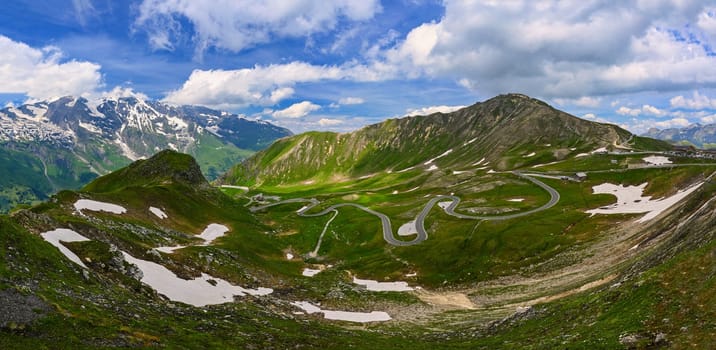 Grossglockner high mountain road in Austria. Surrounded by mountains and green forests. Landscape with nature in the Alps. A great place for sports, recreation and outdoor activity holidays. Großglockner is the highest mountain in Austria at 3798 m above sea level