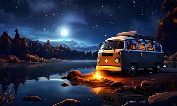 A vintage camper van is parked by a still lake under a starry night sky. A full moon illuminates the scene, casting a soft glow on the water and surrounding trees. A campfire burns in the foreground, adding warmth to the night.