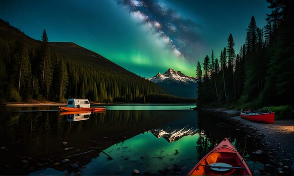 A still lake reflecting the night sky, showcasing the Milky Way and an aurora borealis, with two kayaks and a small boat moored at the water's edge, surrounded by a dark forest and a mountain peak in the distance.