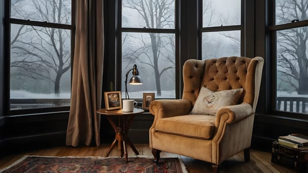A brown, tufted armchair sits by a window overlooking a snowy scene. A table with a lamp, two framed photos, and a white mug sits next to the chair. The room has wooden floors and a colorful rug.