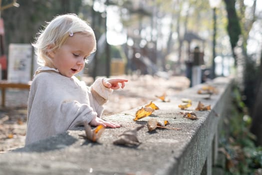 autumn outdoor portrait of beautiful happy child girl walking in park playing with leaves