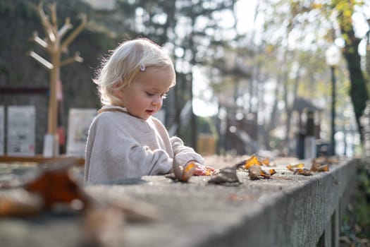 autumn outdoor portrait of beautiful happy child girl walking in park playing with leaves