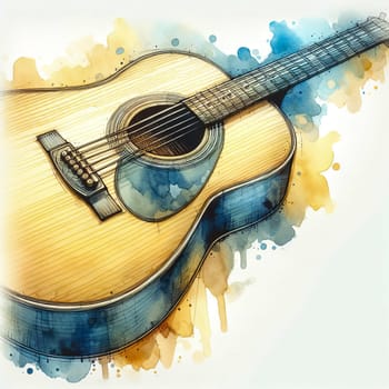 An image of an acoustic guitar in a watercolor style.
