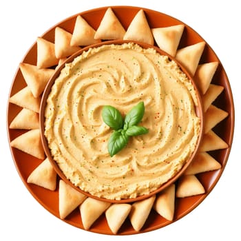 Hummus platter creamy beige chickpea dip swirled paprika sprinkled pita triangles isolated on transparent Food. Food isolated on transparent background.