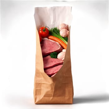 Grocery paper bag overflowing with protein rich grass fed beef and free range chicken with. Food isolated on transparent background.