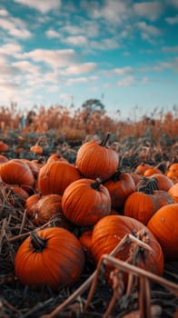 Golden sunlight bathes a pumpkin field during harvest time, creating a warm, inviting autumnal scene