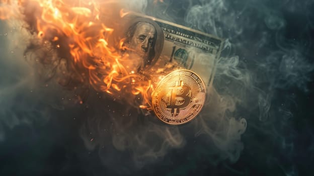 Dollar Bill Turning into Bitcoin Coin with Ethereal Smoke.