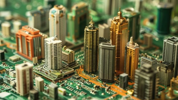 Miniature City Built with Bitcoin on Circuit Board Landscape Symbolizes Future Urban Development.