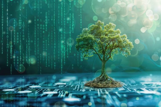 Lone Tree on Bitcoin Coin with Binary Sky - Concept of Nature and Technology in Cryptocurrency.