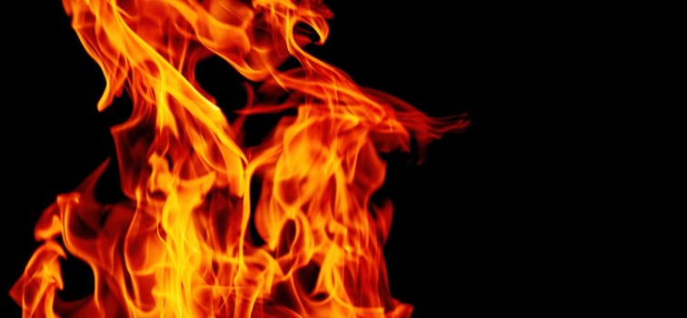Decorative background with fire flames on black with copy space