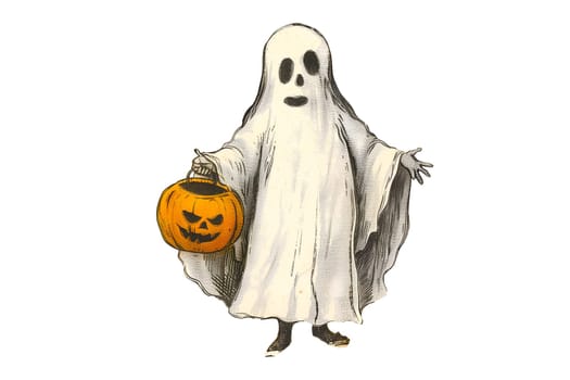Creepy spooky ghost with a pumpkin lantern cut out isolated vintage illustration