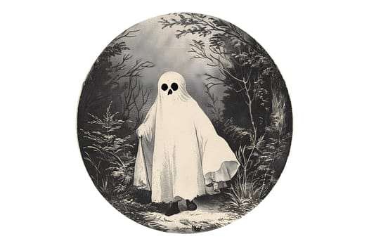 Creepy spooky ghost cut out isolated black and white vintage illustration