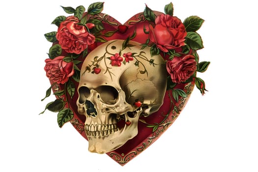 Vintage retro illustration of a skull in a heart with flowers for the Day of the dead and Halloween