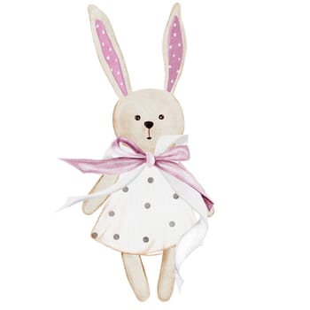 Bunny watercolor. Hand drawing of a cute retro toy rabbit in a dress with a pink bow. Clip art isolated on white background funny hare. Ideal for decorating children's rooms, posters and baby shower cards. Coquette style toy