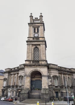 Edinburgh, Scotland - Jan 16, 2024 - A vertical shot of the St Stephen's Church is located in the New Town of Edinburgh. Scotland, Space copy, Selective focus.