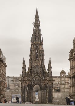 Edinburgh, Scotland - Jan 16, 2024 - A view of the impressive gothic style Scott Monument in the heart of the city of Edinburgh. Space for text, Selective focus.