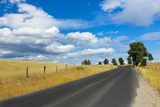 A country road under a partly cloudy sky in north Idaho