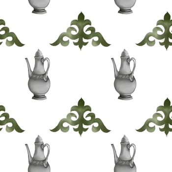 Kazakh national print. Seamless watercolor pattern with ornaments and jugs. For printing on fabrics, packaging paper, bags, shopping bags. High quality illustration
