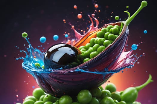 The dynamic interaction of smooth spheres with a lively splash of colorful liquid creates a scene full of motion and energy.