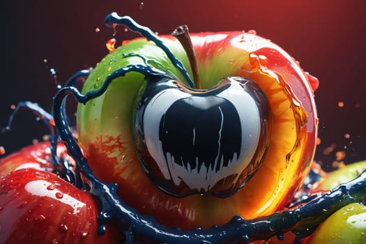 An apple bursts to life as vibrant paint and water splash in a dynamic, high-speed collision of color and motion.