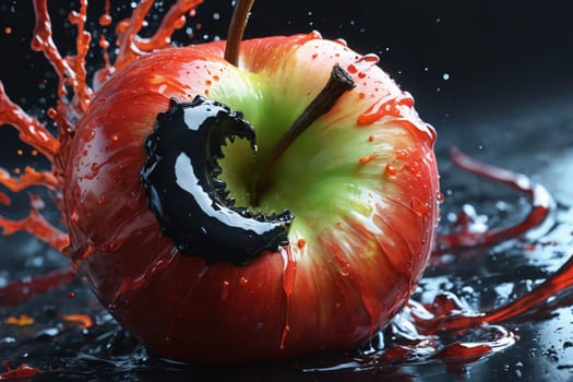 A vibrant red apple is adorned with a captivating black and white design, creating a striking contrast between the colors. The intricate patterns flow gracefully across the surface, enhancing the natural beauty of the fruit.