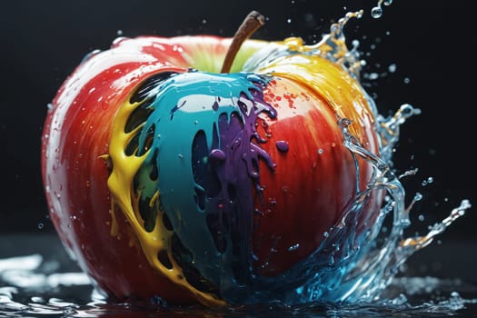 Surreal and artistic, an apple is caught in a mesmerizing splash of glossy, multicolored paint droplets.