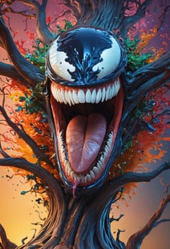 Surreal horror meets nature as a tree with sharp teeth and sprawling branches stands in a vibrant, fluid dreamscape.
