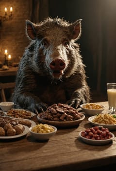 In a whimsical scene, a contented pig sits at a table adorned with plates of delicious food. The pig appears to be eagerly anticipating indulging in the spread before it.